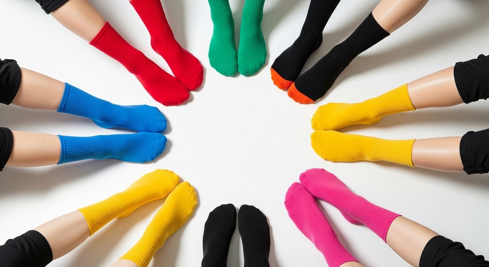 Füße in bunten Socken bilden Kreis - rote, blaue, grüne, gelbe, pinke und schwarze Strümpfe auf weißem Hintergrund