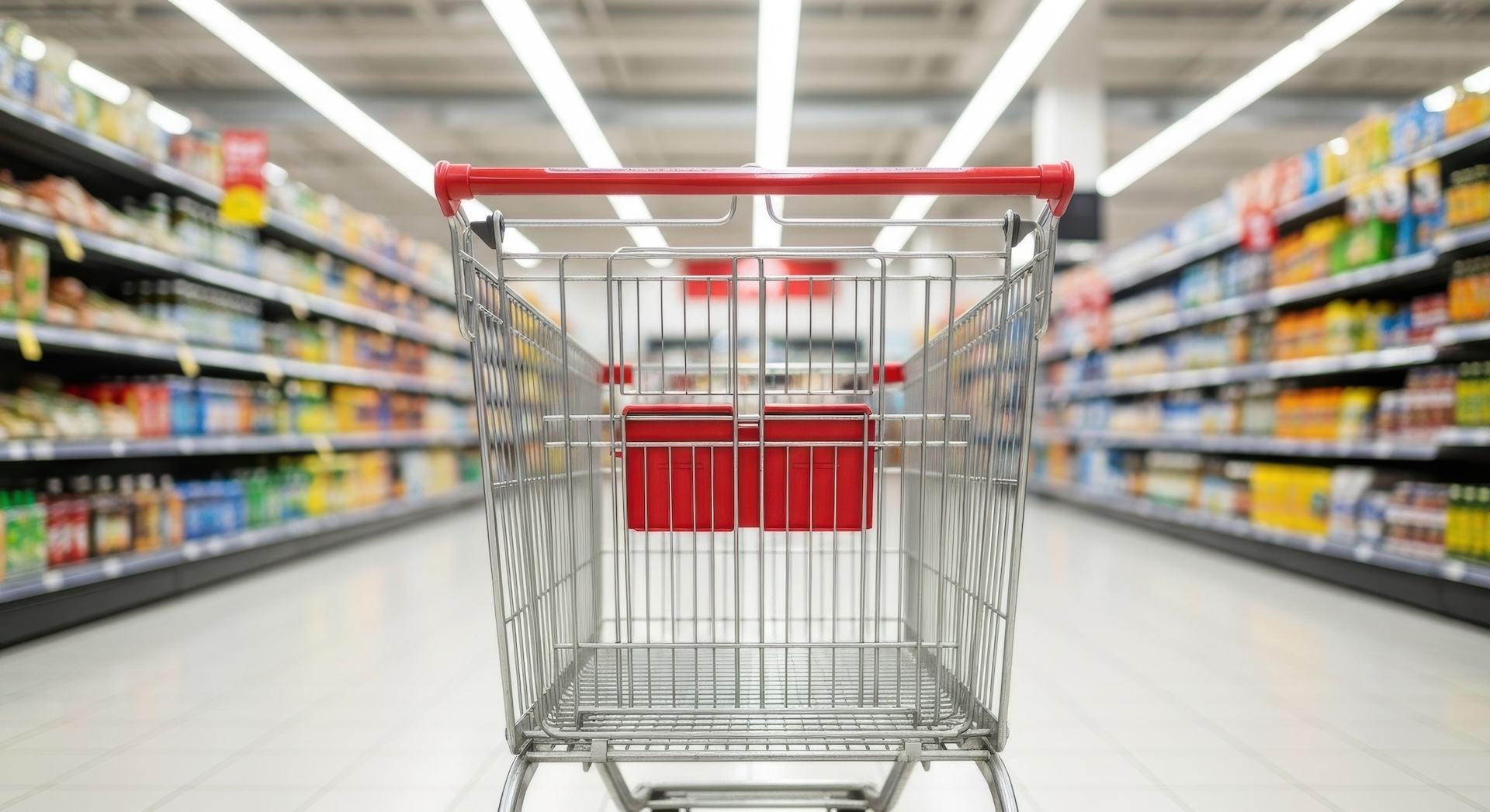 Leerer Einkaufswagen mit rotem Griff in Supermarktgang zwischen gefüllten Regalen mit Lebensmitteln