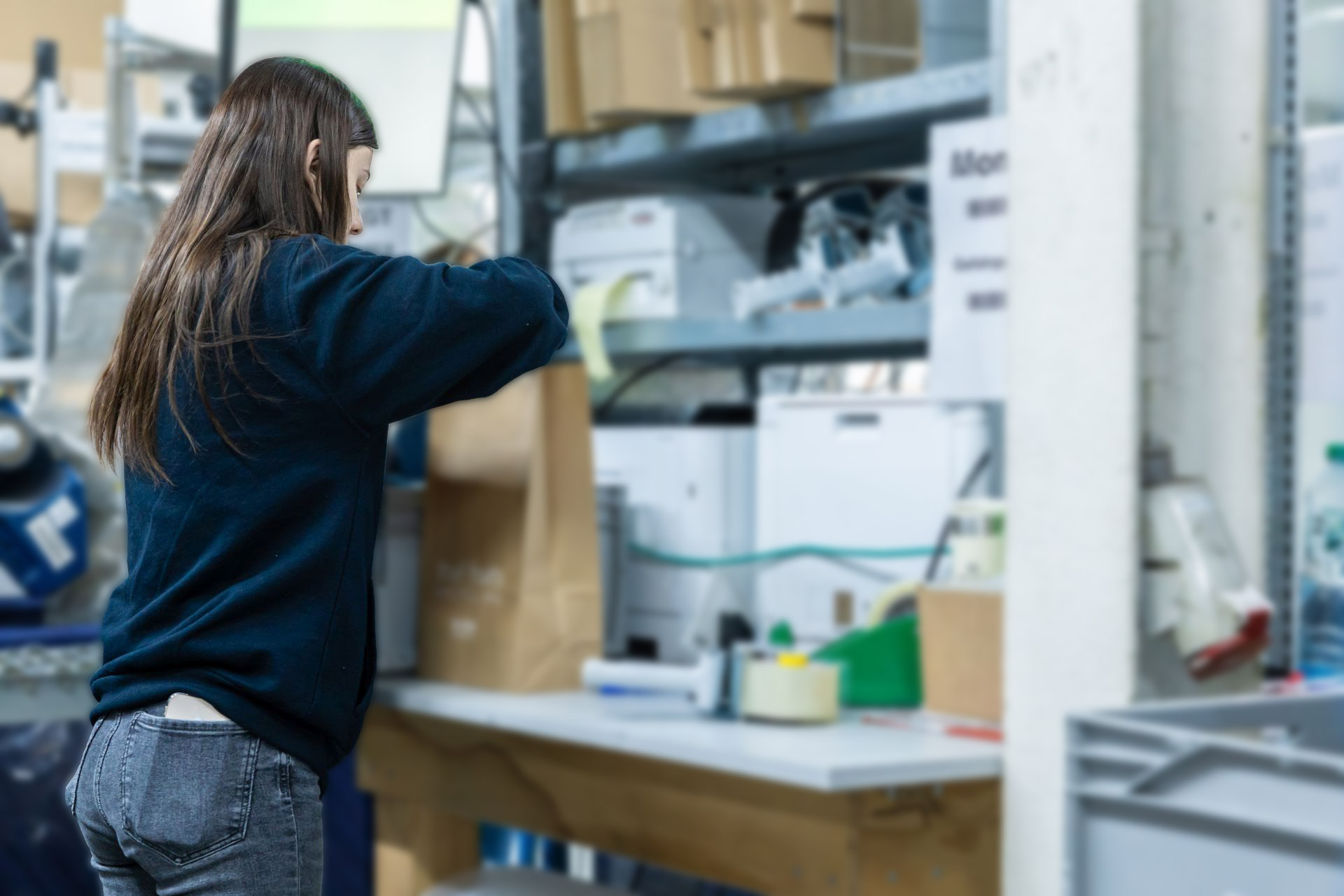 Frau in blauem Pullover arbeitet an Laborgeräten in moderner Forschungseinrichtung
