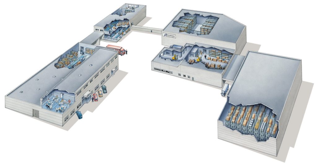 Isometrische Darstellung einer modernen Industrieanlage mit mehreren Gebäuden und Lagerhallen in 3D-Ansicht